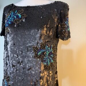 French Connection Black Sequin Floral Embellished Short Sleeve Dress Size 12